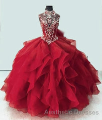 Royal Blue Organza High Neck Quinceanera Dresses Burgundy Evening Prom Dresses