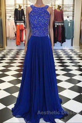 Royal Blue Round Neck Long Evening Prom Dresses, Blue Evening Dresses