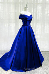 Royal Blue Satin A-Line Long Party Dresses, Simple Long Evening Prom Dresses Evening Dresses