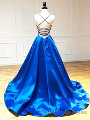 Royal Blue Satin A Line V Neck Long Evening Prom Dresses