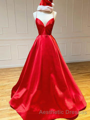 Royal Blue Satin A Line V Neck Long Evening Prom Dresses