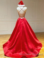 Royal Blue Satin A Line V Neck Long Evening Prom Dresses