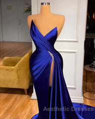 Royal Blue Satin Beading Ruched Evening Prom Dresses With Slit