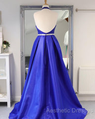 Royal Blue Satin Deep V Neck Simple Long Evening Prom Dresses Backless Party Dresses