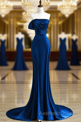 Royal Blue Satin Mermaid Scoop Long Party Dresses, Royal Blue Evening Prom Dresses