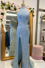 Royal Blue Sequin Halter Long Formal Dresses with Slit Evening Prom Dresses