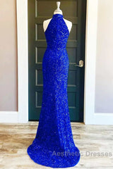 Royal Blue Sequin Halter Long Formal Dresses with Slit Evening Prom Dresses