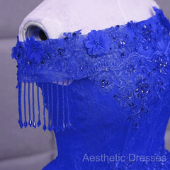 Royal Blue Sequins Beaded Tulle Sweet 16 Dresses, Royal Blue Long Formal Dresses