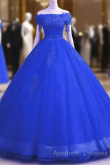 Royal Blue Sequins Beaded Tulle Sweet 16 Dresses, Royal Blue Long Formal Dresses