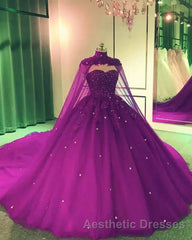Royal Blue Tulle Ball Gown Evening Prom Dresses With Cape