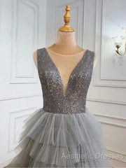 Ruffles Tulle V Neck Gray Sequin Long Evening Prom Dresses