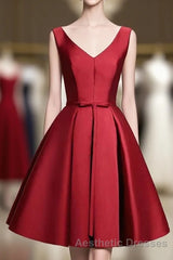 Simple Burgundy Satin V Neck Short Evening Prom Dresses, Evening Prom Dresses
