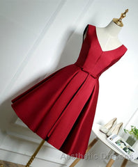 Simple Burgundy Satin V Neck Short Evening Prom Dresses, Evening Prom Dresses