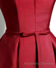 Simple Burgundy Satin V Neck Short Evening Prom Dresses, Evening Prom Dresses