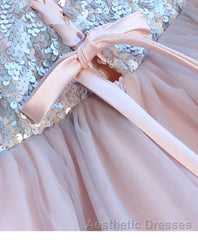 Cute Pink V Neck Tulle Seqsuins Short Evening Prom Dresses, Cocktail Dresses