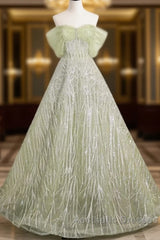 Sage A-Line Off The Shoulder Glittering Tulle Sequins Long Evening Prom Dresses Sweet 16 Dresses