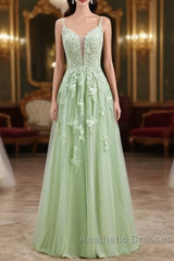 Sage Green Long Evening Prom Dresses Lace Appliques V Neck Lace-Up