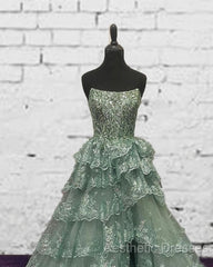 Sage Tiered Lace Strapless Dresses