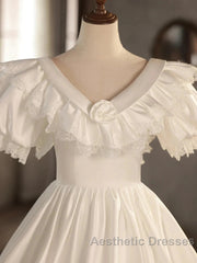 Satin Ball Gown Puffy Sleeves White V-Neck Wedding Dresses