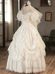 Satin Ball Gown Puffy Sleeves White V-Neck Wedding Dresses