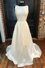 Satin Crew Neck Bow-Back A-Line Wedding Dresses