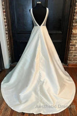 Satin Plunging Neck Bow-Back A-Line Long Wedding Dresses