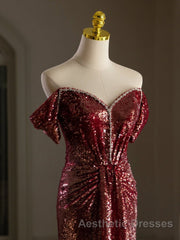 Simple Off Shoulder Sequin Burgundy Long Evening Prom Dresses, Burgundy Long Evening Dresses