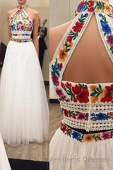Two Piece High Neck Long Evening Prom Dresses with Appliques, Unique Sleeveless Party Dresses