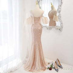 Sequins And Tulle Mermaid Long Party Dresses Evening Prom Dresses, Off Shoulder Formal Dresses