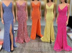 Mermaid Yellow Sequins Long Evening Prom Dresses with Slit