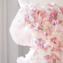 Sexy A Line Off The Shoulder Pink Tulle Floor Length Floral Evening Prom Dresses