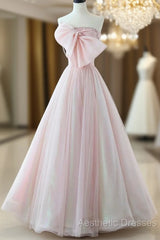 Sexy A-Line Pink Tulle Long Evening Prom Dresses