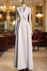 Sexy A Line Satin Party Dresses Long White Evening Prom Dresses