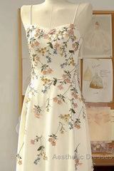 Sexy A Line Spaghetti Straps Ivory Floral Satin Evening Prom Dresses Birthday Outfits Evening Gown
