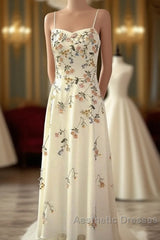 Sexy A Line Spaghetti Straps Ivory Floral Satin Evening Prom Dresses Birthday Outfits Evening Gown