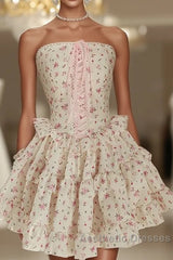 Sexy A Line Strapless Floral Holiday Dresses Travel Vacation Dresses Short Chiffon Birthday Dresses