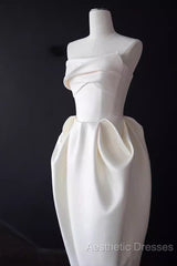 Sexy A Line Strapless Satin White Tea Length Wedding Dresses Brides Dresses