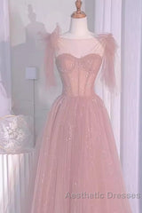 Sexy A Line Straps Neckline Long Pink Evening Prom Dresses