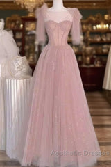 Sexy A Line Straps Neckline Long Pink Evening Prom Dresses