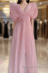 Sexy A Line V Neckline Ruffled Pink Chiffon Beach Dresses WomenS Vacation Dresses