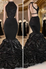 Sexy Black Backless Mermaid Ruffles Tiered African Long Lace Evening Prom Dresses