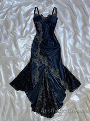 Sexy Bodycon Mermaid Straps Long Navy Blue Lace Evening Prom Dresses Party Dresses
