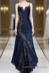 Sexy Bodycon Mermaid Straps Long Navy Blue Lace Evening Prom Dresses Party Dresses