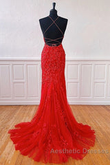 Sexy Long Lace Red Evening Prom Dresses Open Back