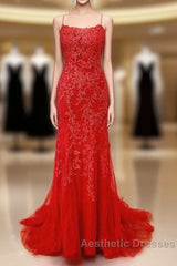 Sexy Long Lace Red Evening Prom Dresses Open Back