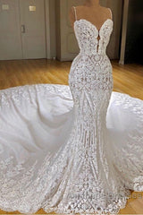 Sexy Long Mermaid V-neck Spaghetti Straps Appliques Lace Wedding Dresses
