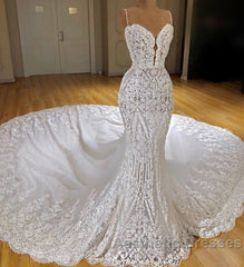 Sexy Long Mermaid V-neck Spaghetti Straps Appliques Lace Wedding Dresses