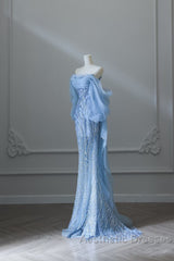 Sexy Mermaid Off The Shoulder Blue Sequin Long Evening Prom Dresses Evening Gowns