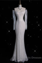 Sexy Mermaid Off The Shoulder White Sequin Long Sleeves Wedding Dresses Brides Dresses