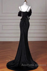 Sexy Mermaid Spaghetti Straps Black Long Formal Dresses Satin Evening Prom Dresses